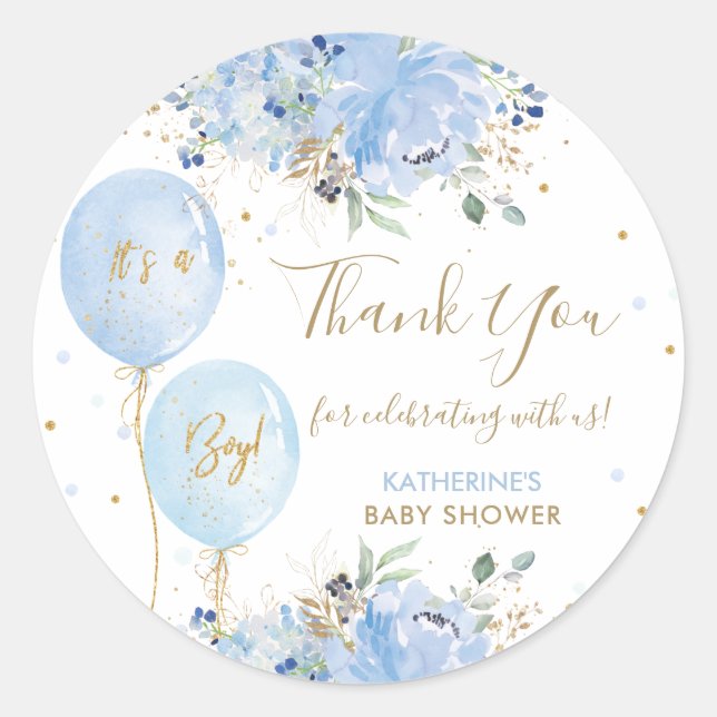Blue Balloons Floral Baby Shower Thank You Favour Classic Round Sticker (Front)