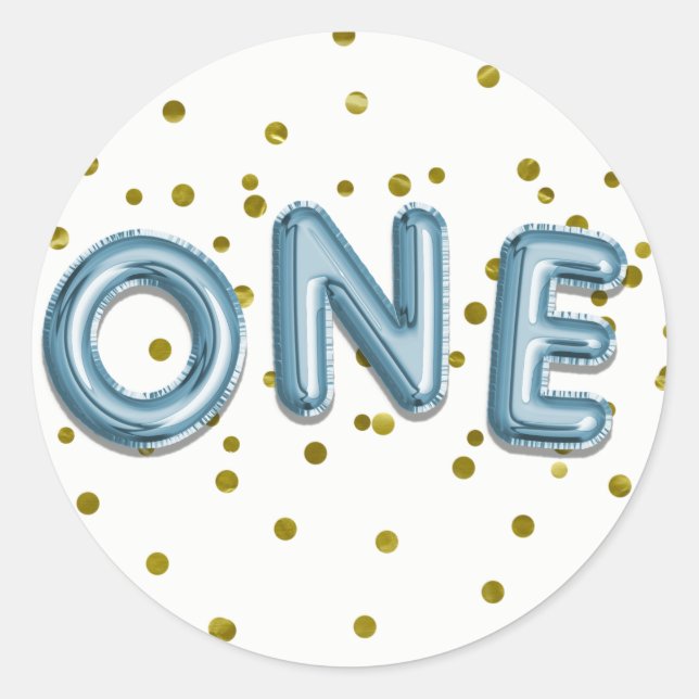 Blue Balloons Gold Confetti ONE 1st Birthday Party Classic Round Sticker (Front)