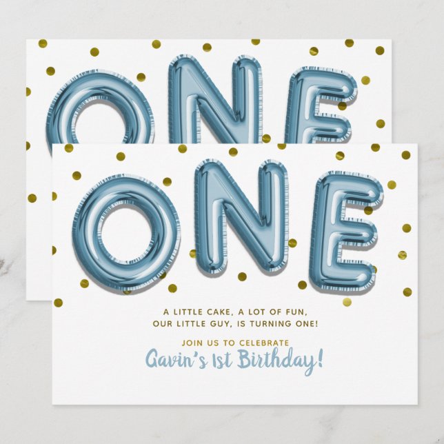 Blue Balloons Gold Confetti ONE 1st Birthday Party Invitation (Front/Back)