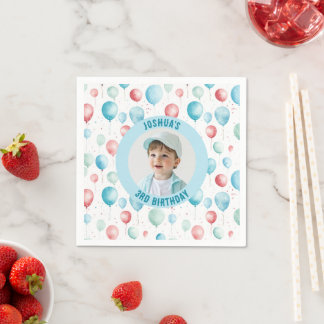 Blue Balloons Kids Birthday Photo Napkin