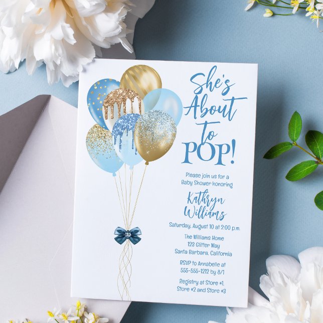 Blue Balloons She's About to Pop Baby Shower Invitation ("She's Ready to POP!" Blue and Gold Translucent Glitter Balloons Boy Baby Shower Invitation)