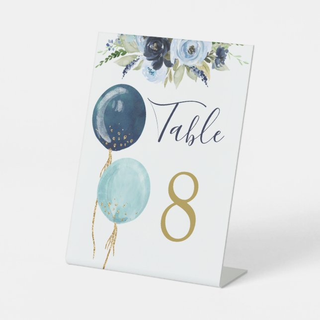 Blue Balloons Table number pedestal sign (Front)