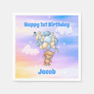 Blue Balloons Teddy Bear 1st Birthday Napkin