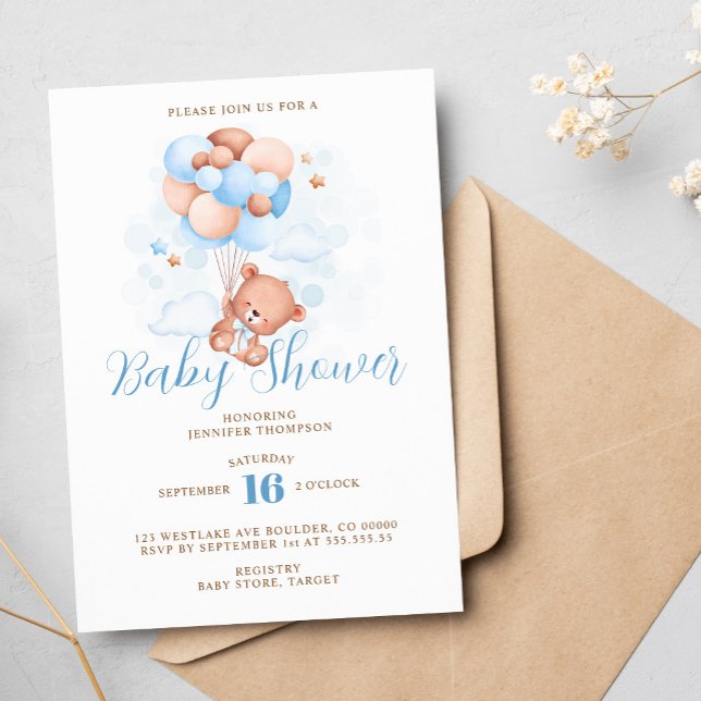 Blue Balloons Teddy Bear Baby Shower Invitation (Creator Uploaded)