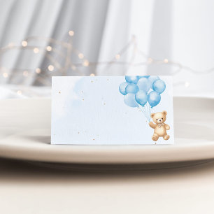 Blue balloons teddy bear baby shower place card