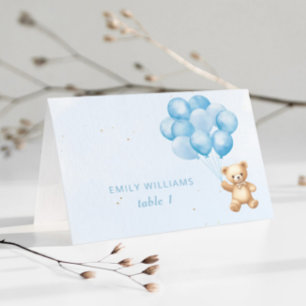 Blue balloons teddy bear baby shower place cards
