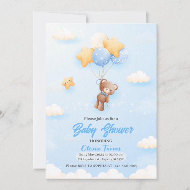 blue Balloons,Teddy Bear Boy baby Shower Invitation (Front)