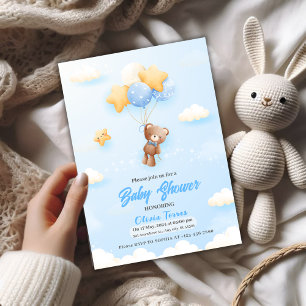 blue Balloons,Teddy Bear Boy baby Shower Invitation