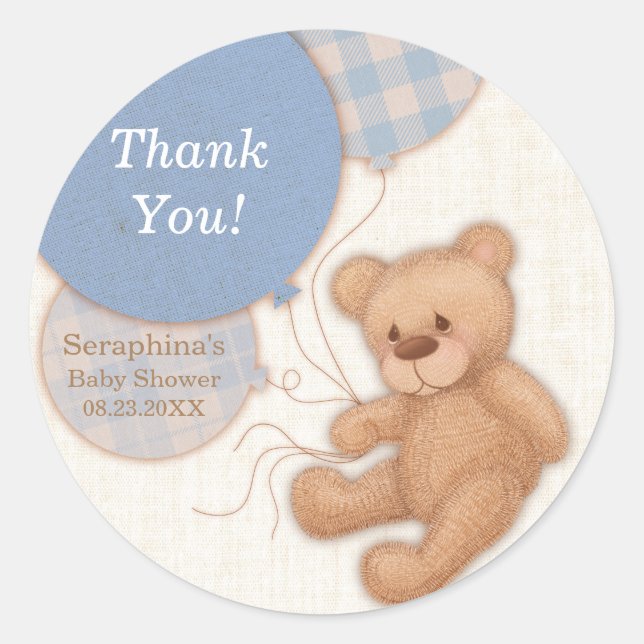 Blue Balloons Teddy Bear Thank You Baby Shower Classic Round Sticker (Front)