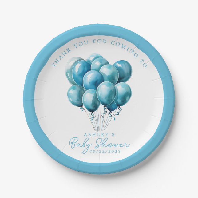Blue Balloons Watercolor Boy Baby Shower Paper Plate (Front)
