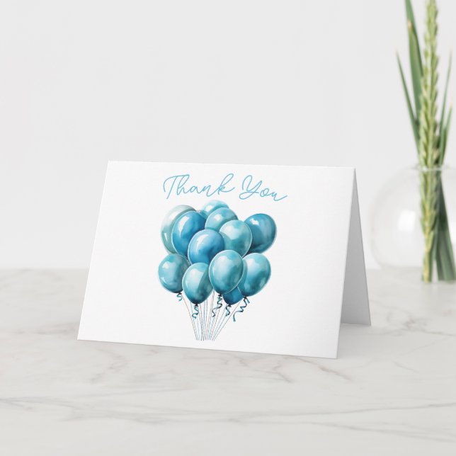 Blue Balloons Watercolor Boy Baby Shower Thank You Card (Front)