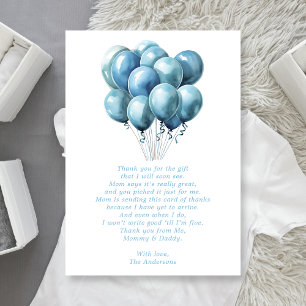 Blue Balloons Watercolor Boy Baby Shower Thank You Card