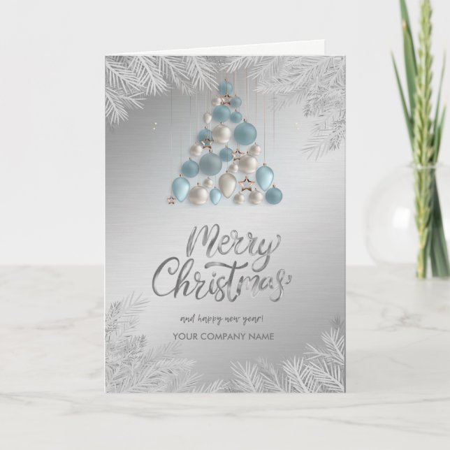 Blue Balls,Branches,Silver Corporate Holiday Card (Front)