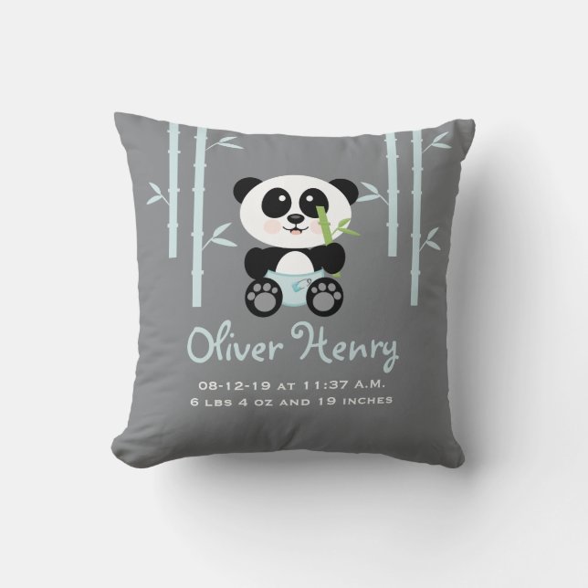 Blue Bamboo Panda Baby Announcement Pillow (Front)