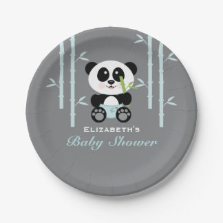 Blue Bamboo Panda Baby Shower Paper Plate