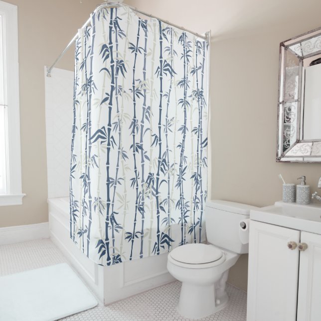 Blue Bamboo Pattern Shower Curtain (In Situ)