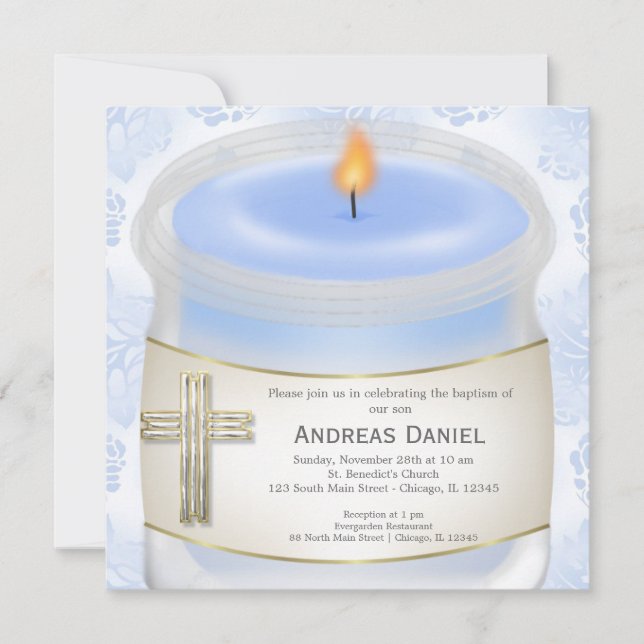 Blue Baptism Candle Invitation (Front)