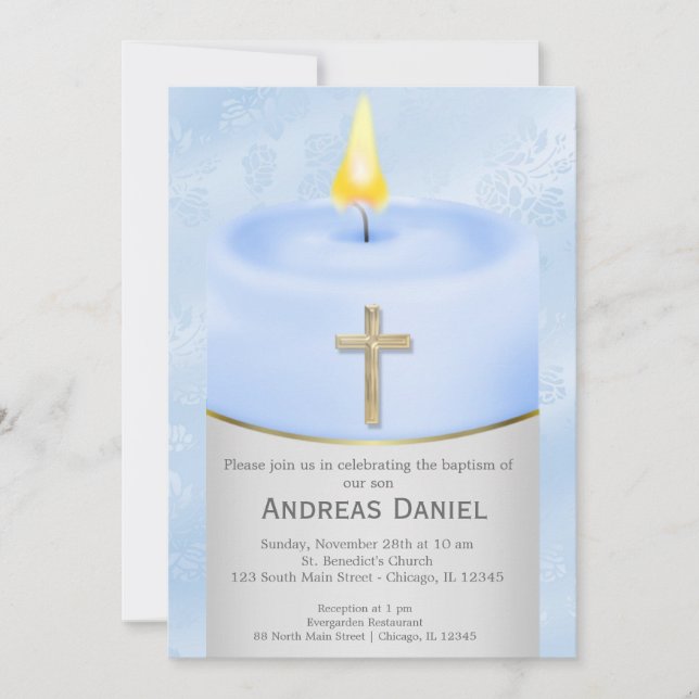 Blue Baptism Candle Invitation (Front)