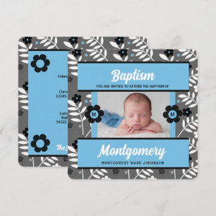 Blue Baptism for Baby Boy Monogram and Photo Invitation