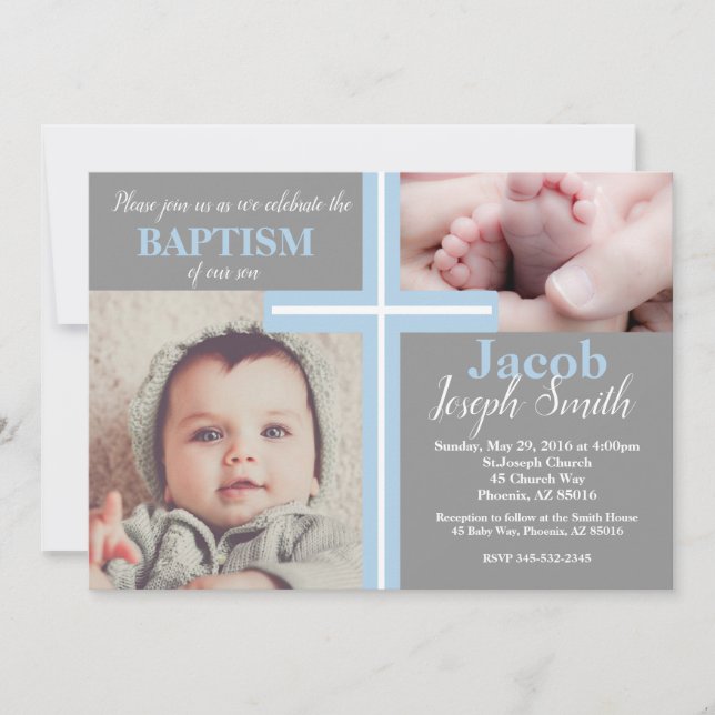 Blue Baptism Religious Grey Boy Baptise Cross Twin Invitation (Front)