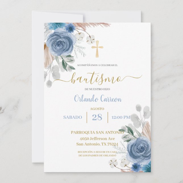 Blue Baptism Spanish Invitation (Front)