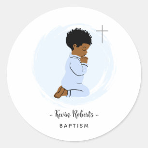 Blue Baptism Sticker of Black Baby Boy Praying