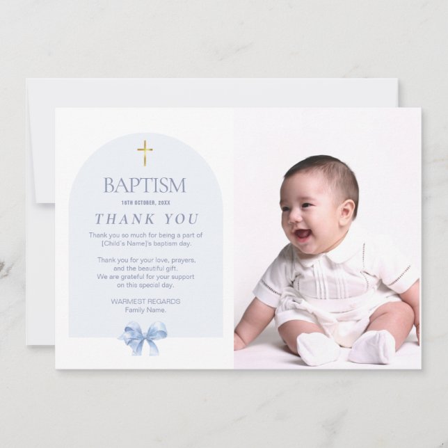 Blue Baptism Thank You Card for Boy with Photo  (Front)