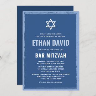 Blue bar mitzvah invitations with rough border
