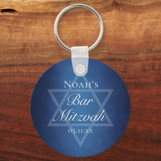 Blue Bar Mitzvah Party Star of David Custom Key Ring (Front)