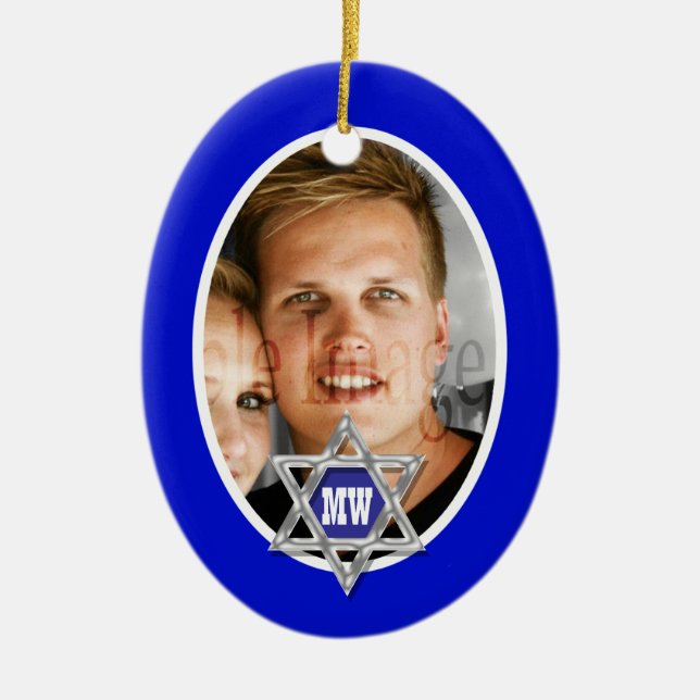 Blue bar mitzvah photo keepsake ceramic tree decoration (Front)