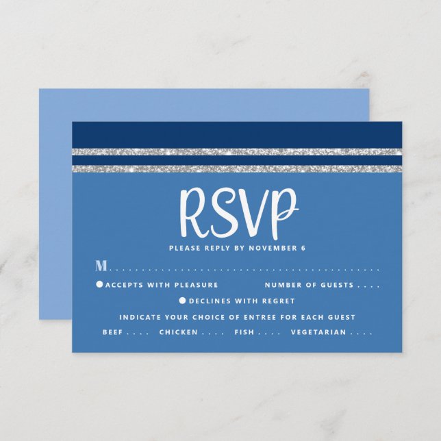 Blue Bar Mitzvah Silver Tallit Script Bold Modern RSVP Card (Front/Back)