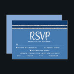 Blue Bar Mitzvah Silver Tallit Script Bold Modern RSVP Card<br><div class="desc">Be proud, rejoice and celebrate this milestone of your favourite Bar Mitzvah with this cool, unique, modern, personalised RSVP insert card for your event! Bold, white script typography and a navy blue and silver glitter striped tallit inspired graphic overlay a simple, cornflower blue background. Personalise the custom text with the...</div>