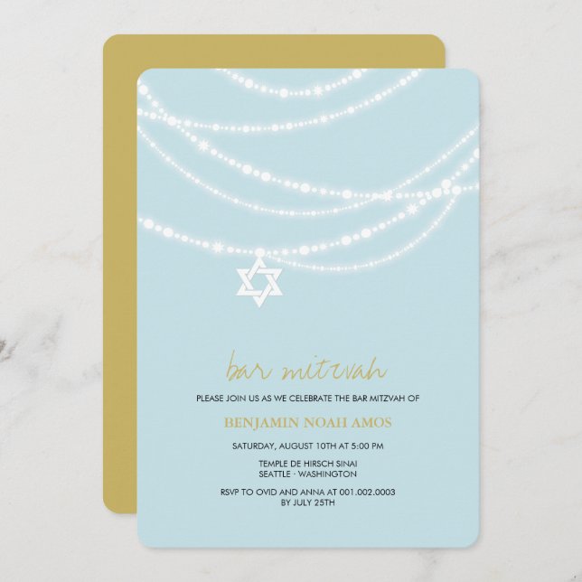Blue Bar Mitzvah Sparkles Star Of David Invite (Front/Back)