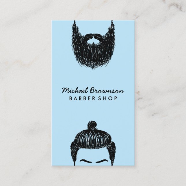 Blue barber hair removal moustache beard trim business card (Front)