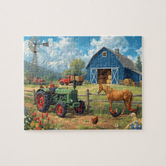 Blue Barn Tractor Horse Farm Mountain Scene Jigsaw Puzzle