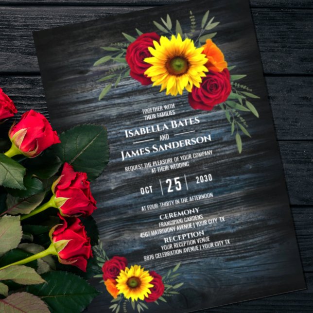 Blue Barn Wood Sunflower Burgundy Rose Wedding Invitation (Creator Uploaded)