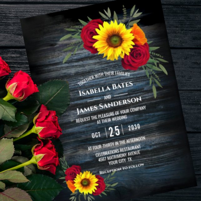 Blue Barn Wood Sunflower Burgundy Rose Wedding Invitation (Creator Uploaded)