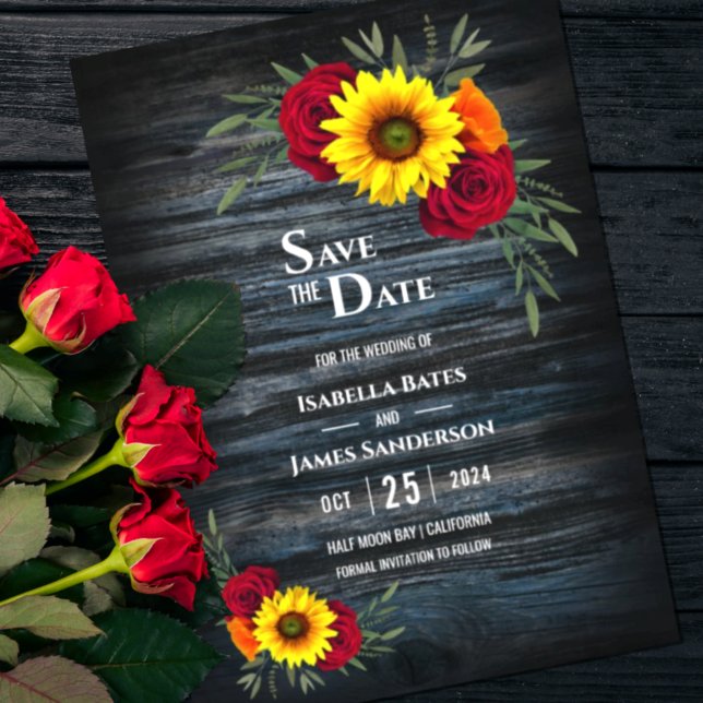 Blue Barn Wood Sunflower Burgundy Rose Wedding Save The Date (Creator Uploaded)