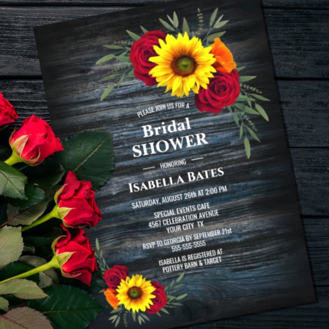 Blue Barn Wood Sunflower Rose Bridal Shower Invitation (Creator Uploaded)