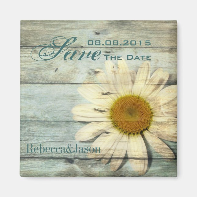 blue barnwood country daisy wedding save the date magnet (Front)
