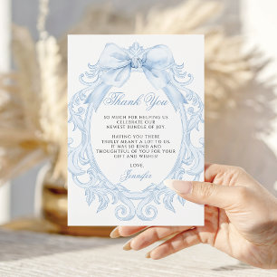 Blue Baroque Frame Bow Baby Boy Shower Thank You Card