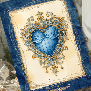 Blue Baroque Heart with Gilded Ornamental Frame Holiday Card