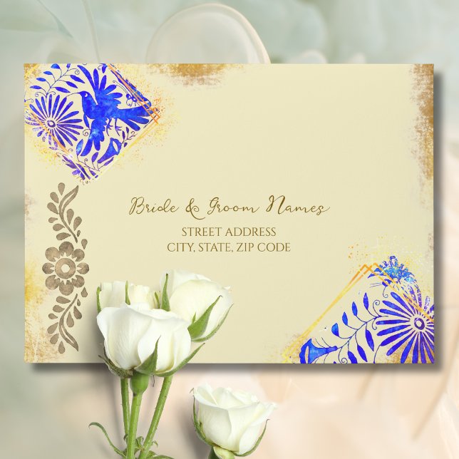 Blue Baroque Talavera Gold Hummingbird RSVP Return Envelope (Elegant gold and blue Mexican RSVP envelope with Talavera floral and baroque accents.)