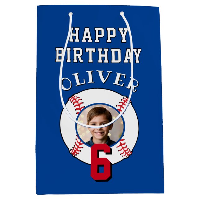 Blue Baseball Ball Kids Birthday Photo Medium Gift Bag (Front)