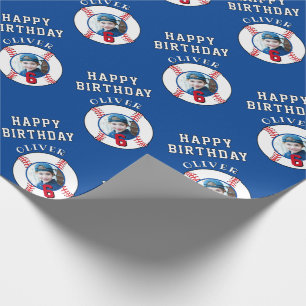 Blue Baseball Ball Kids Birthday Photo Wrapping Paper