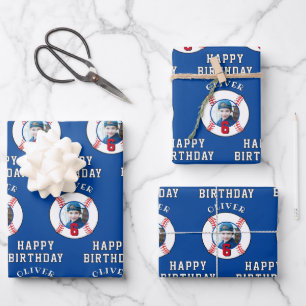 Blue Baseball Ball Kids Birthday Photo Wrapping Paper Sheet