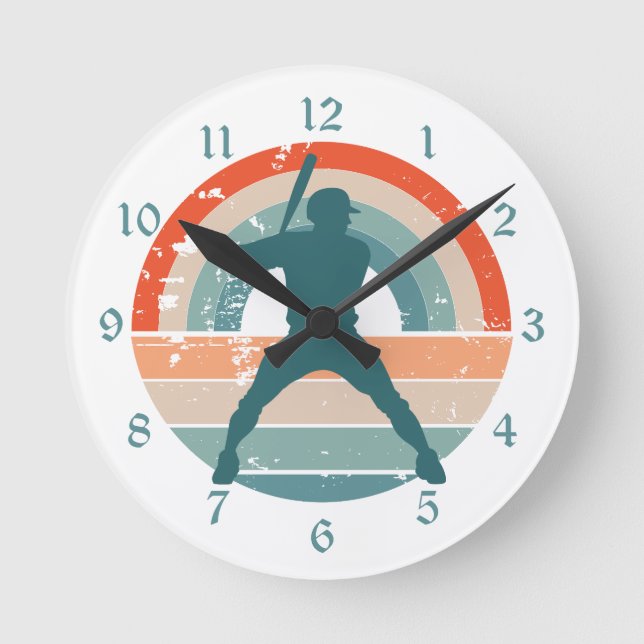 Blue Baseball Batter Retro Rainbow Round Clock (Front)