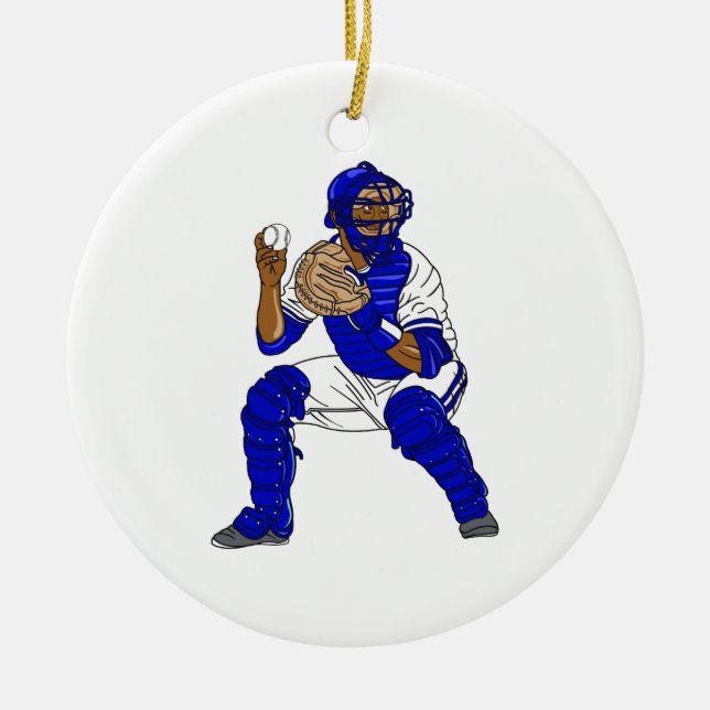 Blue baseball catcher ceramic tree decoration (Front)