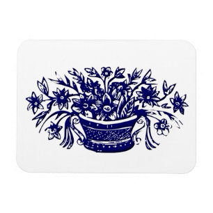Blue Basket of Flowers Woodcut Artwork Magnet