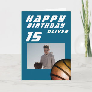 Blue Basketball Ball Boy Photo Happy Birthday Card